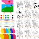Tenceur 48 Pcs Kids Paint Party Favors Sets with 12 Pcs Animals Pre Drawn Canvas Panel and Wooden Easel Set Paint Pots and Brushes 12 Mini Apron and Tote Bag for Kids Girls Student Boys