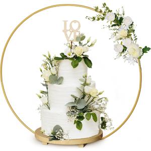 Wedding Cake Stand 16 Inch Round - Rustic Wooden Base Cake Display Stand with Gold Metal Floral Centerpiece, Cake Table for 3 Tiered Cake, Desserts Stand for Party, Cupcakes Stands for Dessert Display, Screws Included