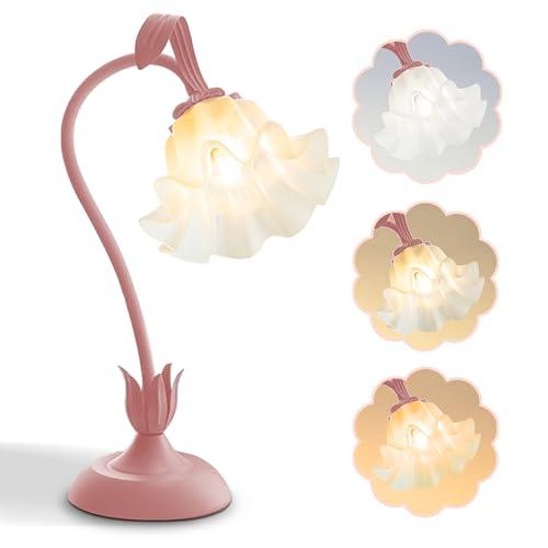 AQDZCNF Flower Table Lamp,LED Reading Light Bedside Vintage Flower Night Light,3 Colors Modes Kawaii Bedside Lamps Decor,Living Room Bedroom Room Lighting Table Lamps Home Decoration (Pink)