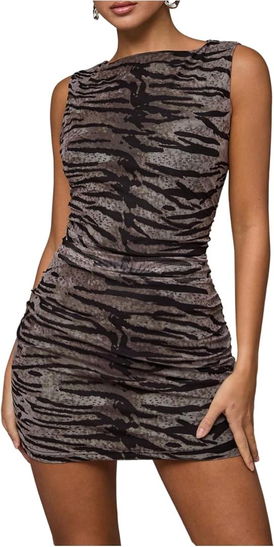 SOLY HUX Women's Bodycon Mini Dress Y2k Animal Print Crewneck Sleeveless Ruched Party Club Dresses (Brown Tiger)