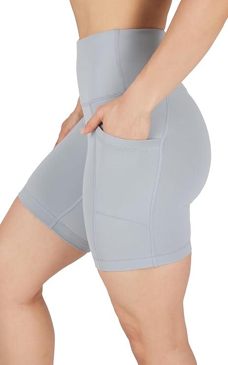 90 Degree By Reflex Womens High Waisted Biker Shorts with Side Pockets Workout Shorts Gray, 8 Inches