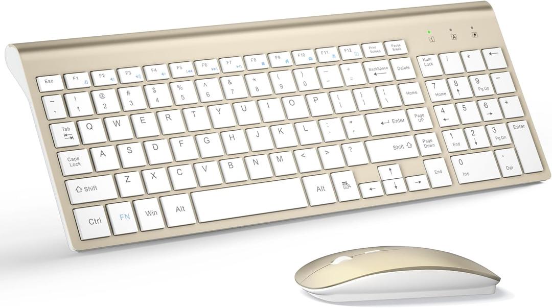 Wireless Keyboard and Mouse Ultra Slim Combo, TopMate 2.4G Silent Compact USB 2400DPI Mouse and Scissor Switch Keyboard Set with Cover, Batteries Included, for PC/Laptop/Windows/Mac - Gold White