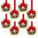Dingion 8 Pcs Mini Christmas Kitchen Cabinet Wreath Small Christmas Wreath Decorations Norfolk Pine Artificial Berries Snowy Pine Garland with Red Ribbon for Xmas Table Centerpiece Front Door Decor