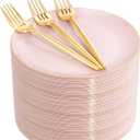 Rubtlamp 200Pcs Plastic Pink Dessert Plates with Disposable Gold Forks,Heavy Duty Pink Disposable Salad Platos,Gold Small Platos,Fancy Appetizer Plates for Mother's Day