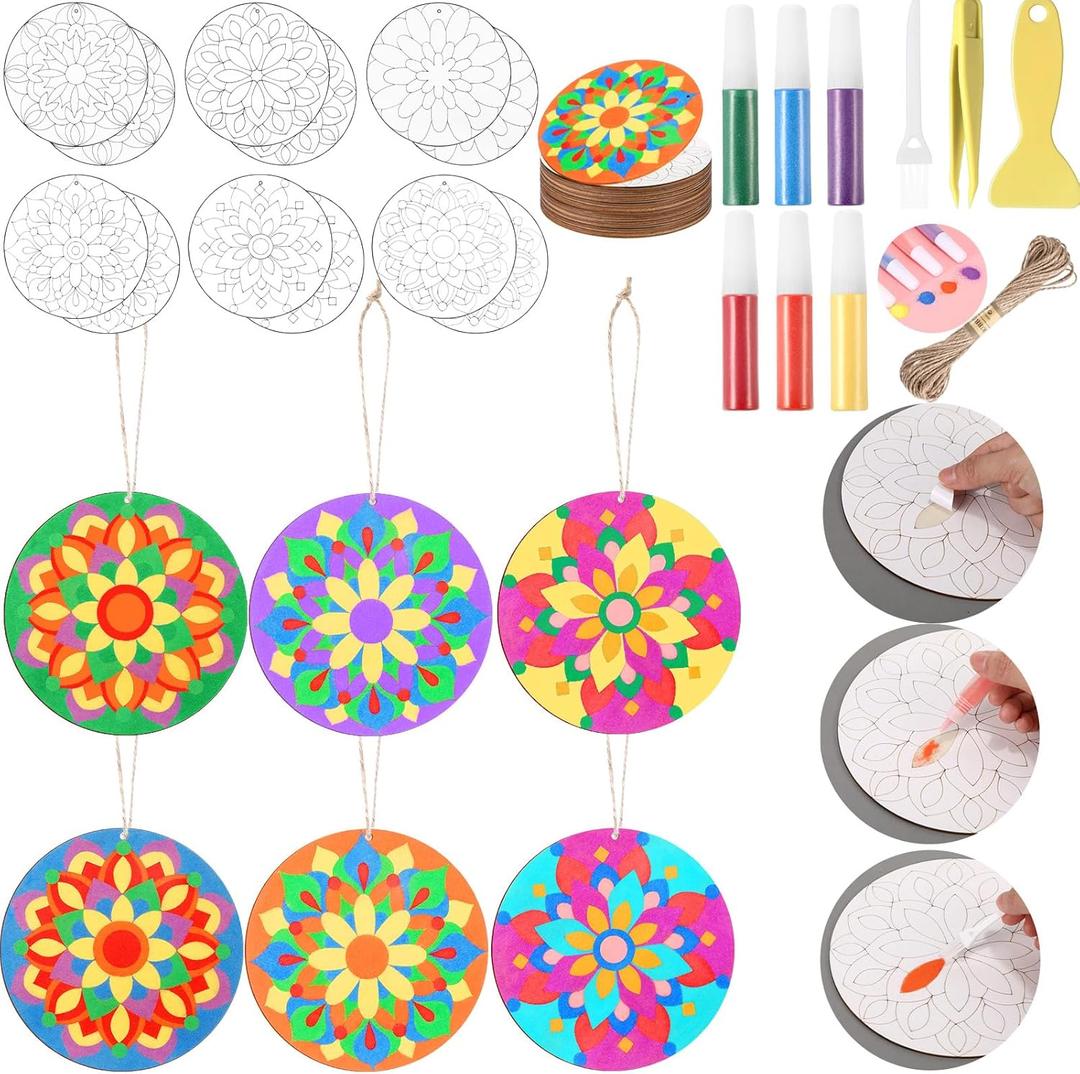 12 Pcs 7 Inch Wooden Diwali Mandala Sand Arts Rangoli Mandala Sand Art with 6 Colorful Art DIY Coloring Kit for Indian Festivals Gifts Diwali Party Decor Supplies