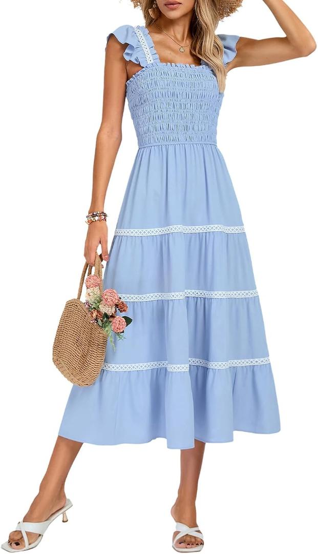 Kate Kasin Womens 2025 Summer Casual Dress Sleeveless Square Neck Smocked Ruffle Boho Flowy Maxi Beach Sundress(Blue, XL)