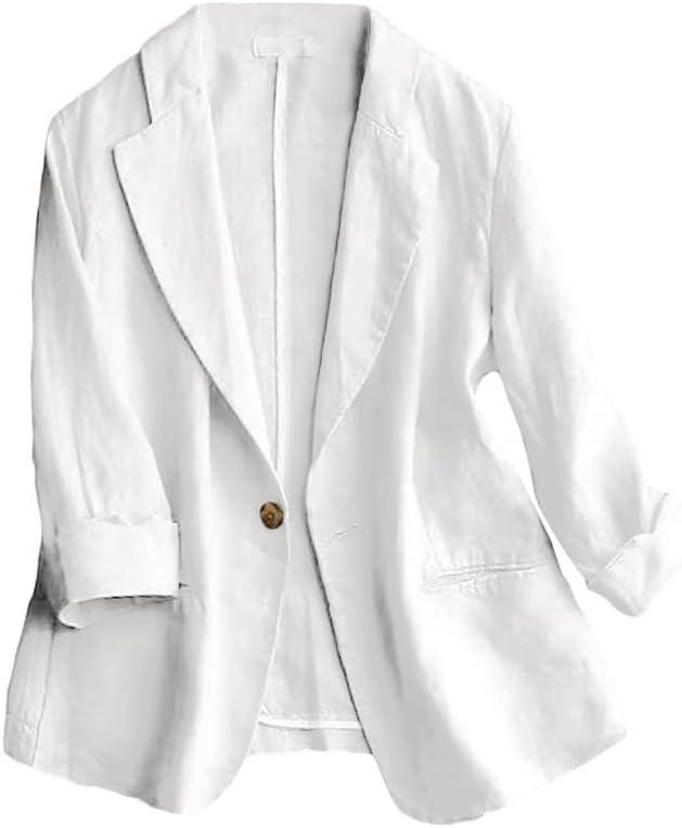 IDEALSANXUN Plus Size Blazer for Women Casual Cotton Linen Lightweight Summer Outfits Beach Clothes Cardigan Tops, White, 3XL