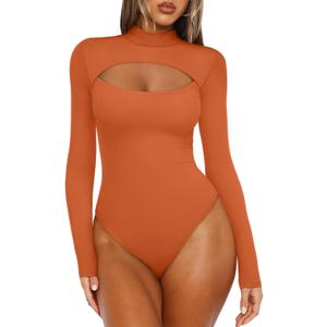 REORIA Women's Mock Neck Cutout Front Bodysuit Trendy Going Out Long Sleeve Body Suits Tops Fall Outfits 2025 (Medium, Pumpkin Orange)