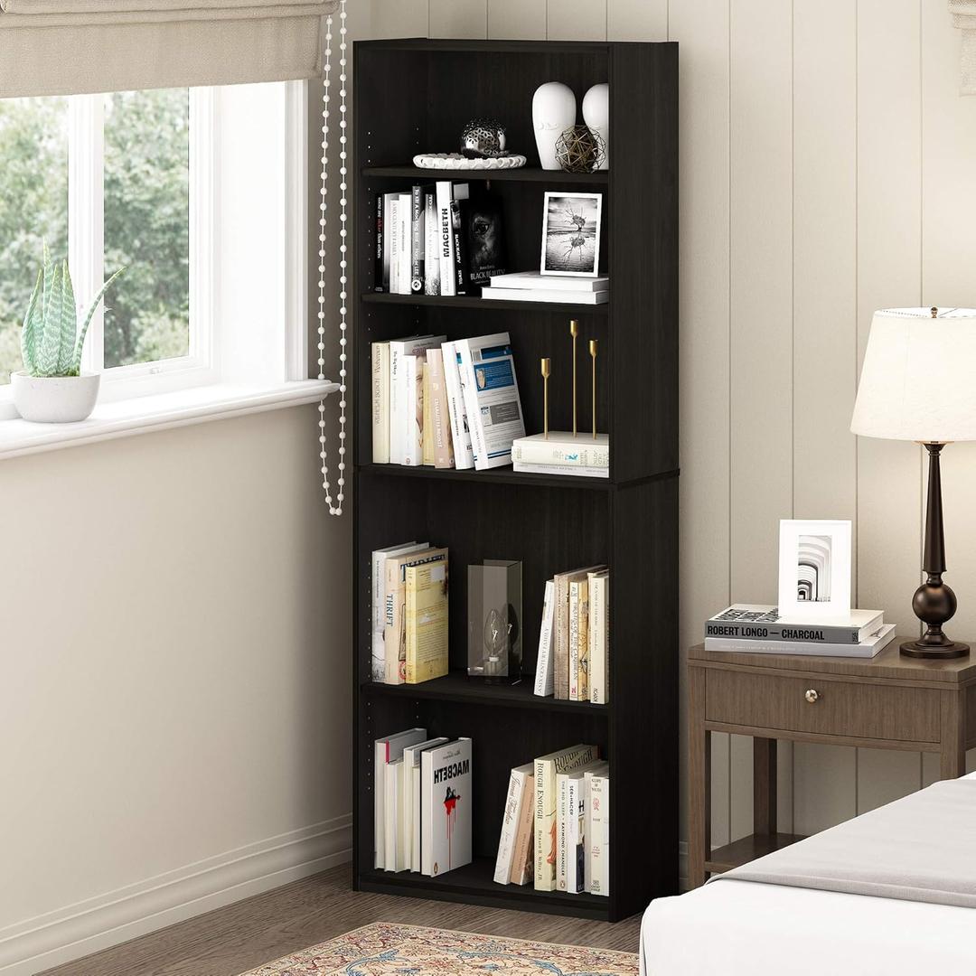 Furinno Jaya Book Shelf, 5-Tier Bookshelf, Tall Standing Bookcase with Adjustable Shelves, 9.5 x 24.5 x 71.2, for Living Room, Bedroom, Home Office, Black Espresso