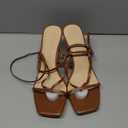 Women's Kitten Heel Strappy Open Square Toe Thong Ankle Strap Heels for Wedding (10, Brown Pu)