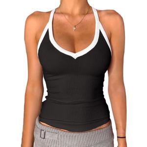 Danysu V Neck Racer Back Tank Top for Women Padded Ribbed Long Tank Fitted Basic Cami Tops (Medium, Color Block Black)