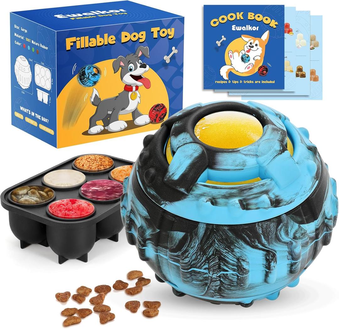 4-IN-1 Dog Toys - Frozen Dog Treat to Keep Them Busy, Treats Puzzle Ball Toy, Interactive Treat Dispensing Dog Toy, Durable Rubber Chew Toys, DIY Freezable Fillable Treat Toy, Mental Enrichment Toys (Blue)