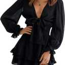 AlvaQ Womens Dresses Spring Summer Knot Front V Neck Ruffles Long Sleeve Floral Print Swing Mini Dress (Large, Black)
