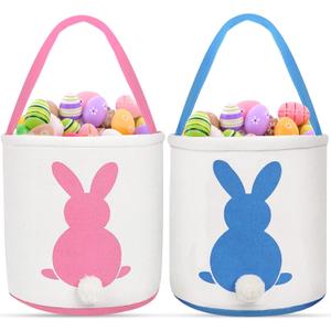 2 Pack Easter Eggs Baskets for Kids,Canvas Personalized Easter Bunny Baskets Bucket Tote Gifts Bags with Rabbit Tail for Girls Boys Easter Eggs Hunt Easter Party Favors Decorations Toy (Blue+pink Classic)