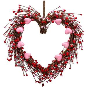 Valentines Wreaths for Front Door, 15in Valentines Day Wreath with Red Berries, Red Heart Wreaths Handmade Rustic Twig Wreath with Grapevine for Gifts Front Door Indoor Home Wedding Festival Decor