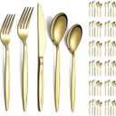 Evanda Gold Silverware Set 60 Piece Service for 12, Titanium Gold Plated Stainless Steel Modern Flatware Set, Knives Forks Spoons Set for Wedding, Parties, Birthday, Restauroom, Dishwasher Safe