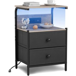 Nightstand with Charging Station and LED Lights, Side Table with 2 Fabric Drawers, Bedroom Nightstand, 3 Tier Storage Coffee Table, Living Room (1, Grey)