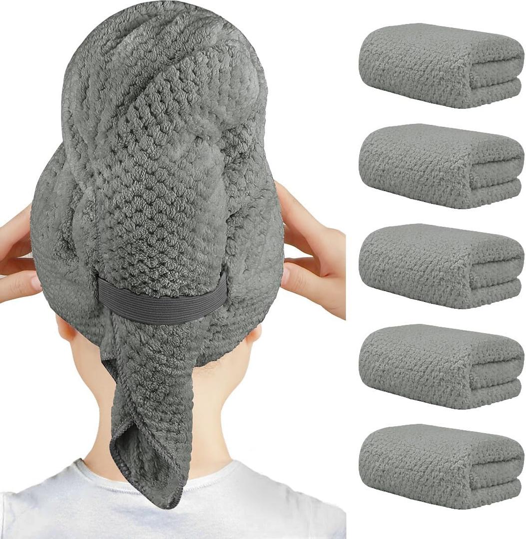 HOMEXCEL 5 Pack Large Microfiber Hair Towel Wrap for Women, Grey- 40 x 20 inches Super Soft, Fast Drying Turbans for Long, Thick, Curly Hair - Anti Frizz Wrap with Elastic Strap