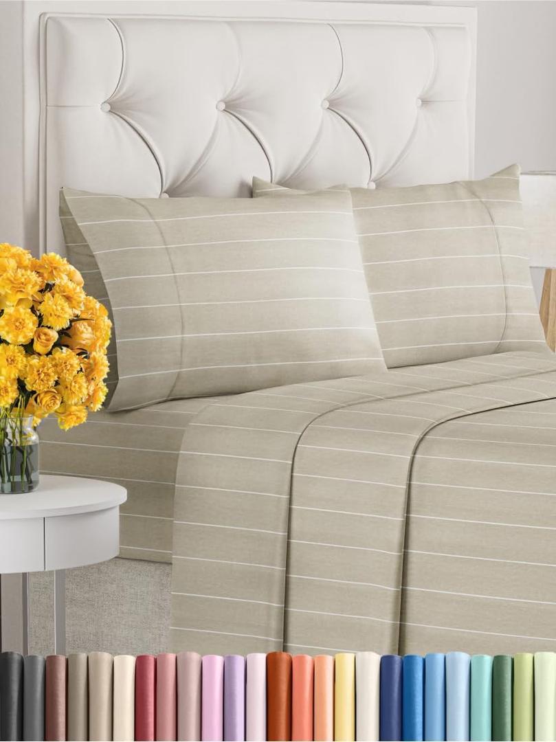 King Size 4 Piece Sheet Set - Comfy Breathable & Cooling Sheets - Hotel Luxury Bed Sheets for Women & Men - Deep Pockets, Easy-Fit, Soft & Wrinkle Free Sheets - Beige Stripes Oeko-Tex Bed Sheet Set