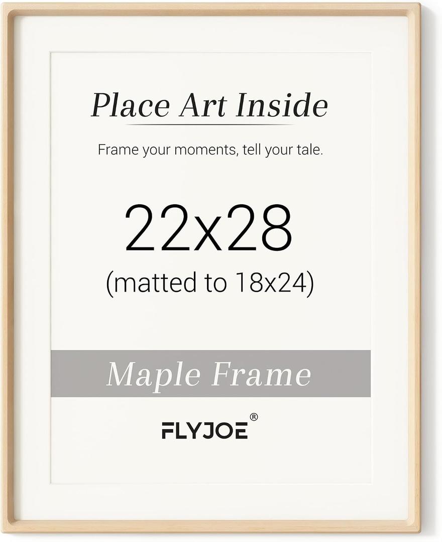 Picture Frame, USA-Sourced Hardwood Photo Frame, Maple, 22 x 28 | Mortise&Tenon Joint, HD Tempered Glass, Bevel Cutting Matted to 18x24 Photos, Ideal for Wedding, Family, Art Prints