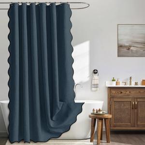 MIULEE 84" Long Scalloped Shower Curtain Linen Textured with 12 Metal Hooks Cute Extra Long Heavy Duty Washable Waterproof Cloth Shower Curtains with Black Border for Bathroom Hotel Bathtub,Navy Blue