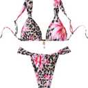 WDIRARA Women's 2 Piece Leopard Print Swimsuits Triangle High Waisted Bathing Suit Brazilian Bikini Sets (Large, Leopard Floral Multicolor)
