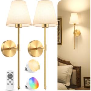 VOLISUN Battery Operated Wall Sconces Set of Two, Wireless Wall Sconces with Remote and Dimmable Bulbs, 9 Colors Battery Powered Wall Lights, Gold Rechargeable Wall Lamps for Bedroom (23.6 inch)