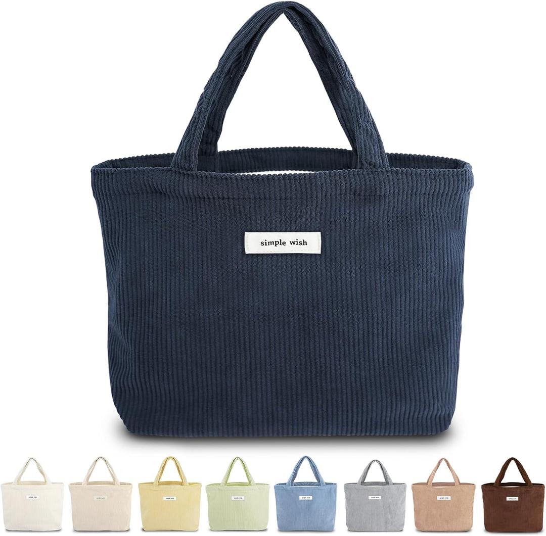 Sminra Corduroy Small Tote Bible Bag for Women, Mini Daily Handbag Cute Aesthetic Carry Case for Book, Essentials, Water Bottle Organizer, Navy Blue