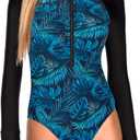 RELLECIGA Women's One Piece Swimsuits Long Sleeve Rash Guard UV Protection Surfing Swimsuit Bathing Suit (Large, Blue Leaf and Black)