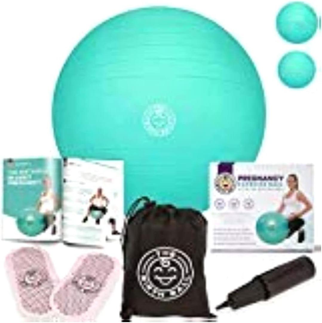 Birthing Ball for Pregnancy & Labor - 18 Page Pregnancy Ball Exercises Guide by Trimester - Non Slip Socks - How to Dilate, Induce, & Reposition Baby for Mom (65 cm, Mint Green)