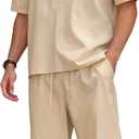 Men Linen Sets Outfits 2 Piece Short Sleeve V Neck Shirt and Harem Capri Pants Walking Suits For Men Beachwear (Beige)