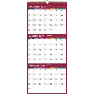 4 x 2026 Wall Calendar - 3 Month Calendar 2026 Vertical, Jan 2026 - Dec 2026, 3 Month Wall Calendar 2026, 11 x 26 In Open, 2026 Calendar with Large Print, Holidays, Thick Paper, Priorities Notes, Red