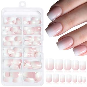 LoveOurhome 144pc Short Square Press on Nails Fake Nails Ombre Glue on Nails White Pink Ombre Pink Press on Nail Short False Nail Women Artificial Fingernails with Glue Adhesive Tabs