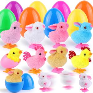 8 Pack Jumbo Easter Eggs Fillers with Wind Up Chicks Bunny Plush, Colorful Easter Plastic Egg with Wind Up Toys, Easter Basket Stuffers with Toys Inside, Easter Egg Hunt Party Favors for Kids Toddlers