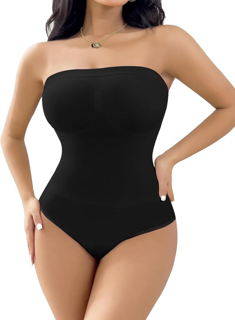 Women's Strapless Shapewear Bodysuit Tummy Control Seamless Sculpted Body Shaper with Removable Straps (Large, Triangle-1-black)