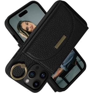 Keallce Wallet Case for iPhone 16 Pro 6.3'', Flip Case with Card Slots, Ring Holder Kickstand, PU Leather Protective Folio Cover for Women, Black