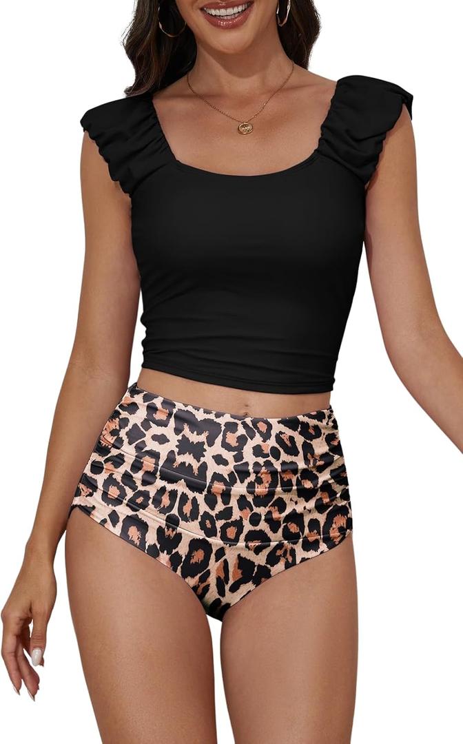 Eomenie Tankini Swimsuits for Women Ruched Tummy Control Bathing Suit Two Piece Swim Tank Top with High Waisted Bottom (Medium, Leopard)