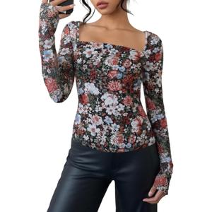 YOINS Women Sexy Mesh Long Sleeve Tops Square Neck Sheer Going Out Shirt (XL)