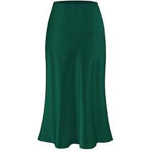 Amy Babe Womens Satin Silk Midi Skirt High Waist A-Line Casual Elastic Waist Long Skirts for Women (DarkGreen, Small)