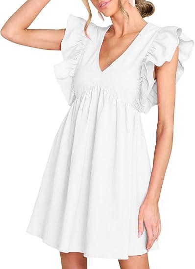 FANCYINN Women's Summer Casual Babydoll Mini Dress Ruffle Sleeveless Deep V Neck High Waist Swing Tunic Dress with Pockets, Size XL