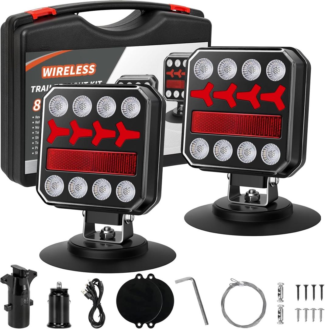 Wireless Trailer Lights, Rechargeable Magnetic LED Trailer Lights with Reverse Light, Portable Wireless Tow Tail Light Kit for Trucks, Boats, RVs, Campers (Black)