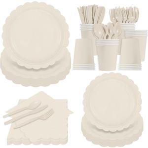 140Pcs Ivory Plates and Napkins, Beige Party Supplies Include Scalloped Cream Paper Plates Napkins Cups Thanksgiving Plate Set for Birthday, Wedding, Bridal&Baby Shower (Ivory white)