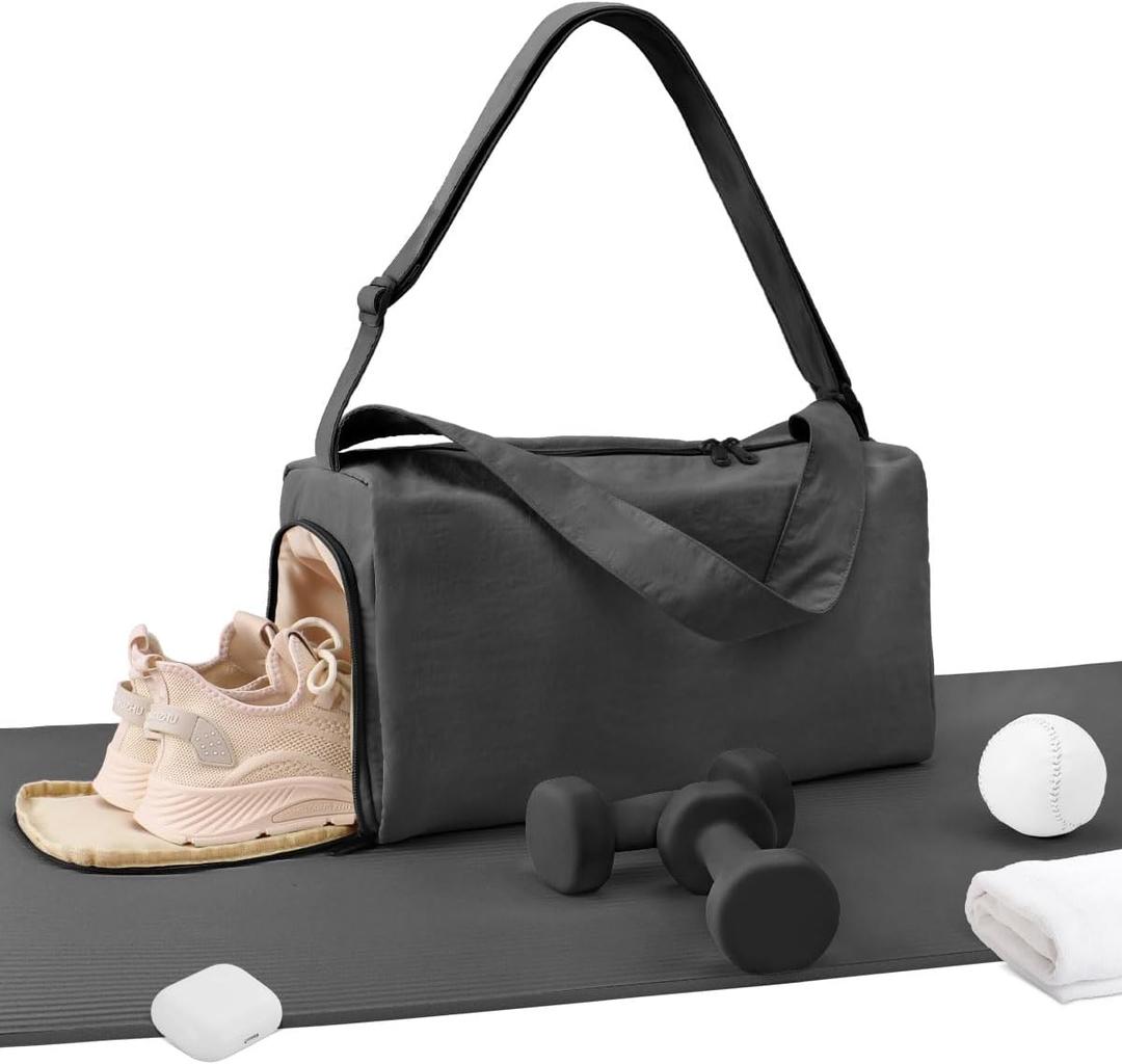 Small Gym Bag for Women with Shoes Compartment, Stylish Duffle Travel Bag for Plane, Lightweight Duffle Bag for Women & Men, Sport Gym Tote Bag with Wet Pocket for Yoga, Pilates, Swimming (Standard size, Black)