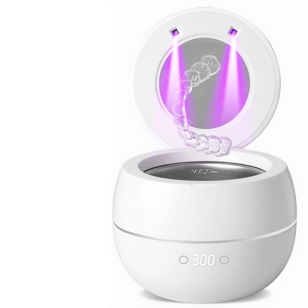 Dental Ultrasonic Retainer Cleaner Machine: 45kHz Dental Cleaning Pod for Denture, Aligner, Mouth Guard, Night Guard, Braces & Jewelry, UV Denture Cleaner with Digital Timer & Dual Mode 250ML White