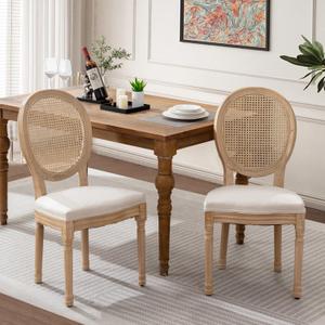 French Dining Chairs Set of 2, Vantage Dining Chair with Round Back, Wood Leg Farmhouse Country Rattan Dining Chair for Kitchen,Bedroom,Beige