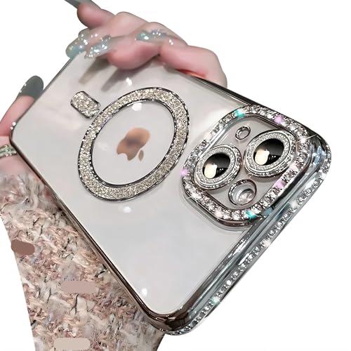 Doulings Magnetic Glitter Diamond for iPhone 13 Pro Max Case[Compatible with MagSafe]Sparkle Rhinestone Camera Lens Protector Plated,Crtstal Clear Slim Military Drop Shockproof Cover for Women,Silver
