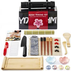Deluxe Sushi Making Kit 25-in-1 Bazooka Roller Set, Bamboo Mat,Knife,Sauce Tray,Japanese Sashimi Sushi Bamboo Serving Geta Plate,and More - Perfect for Beginners
