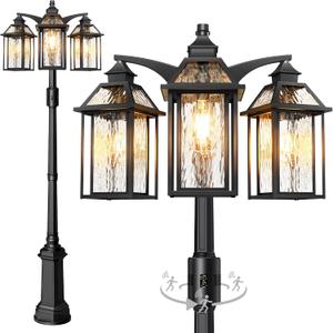 Lotsky Outdoor Lamp Post Motion Sensor, Dusk to Dawn Pole Lights 3-Head, Classic Black 360Detection Waterproof Anti-Rust Aluminum Street Lighting for Yard Backyard Patio Driveway