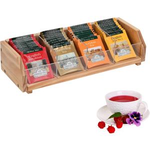 Tea Bag Storage Organizer Box with 4 Compartments, Pine Wood and Acrylic, 13.5 x 4.9 x 3.1 inches for Drawer, Cabinet, Countertop, Tea Tray (Wood)