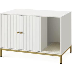Feandrea Litter Box Enclosure, Modern Cat Litter Box Furniture Hidden, with Scratching Mat, Tall Legs, Cat House, Side End Table, 31.5 x 19.7 x 21.7 Inches, White and Gold UPCL007W01